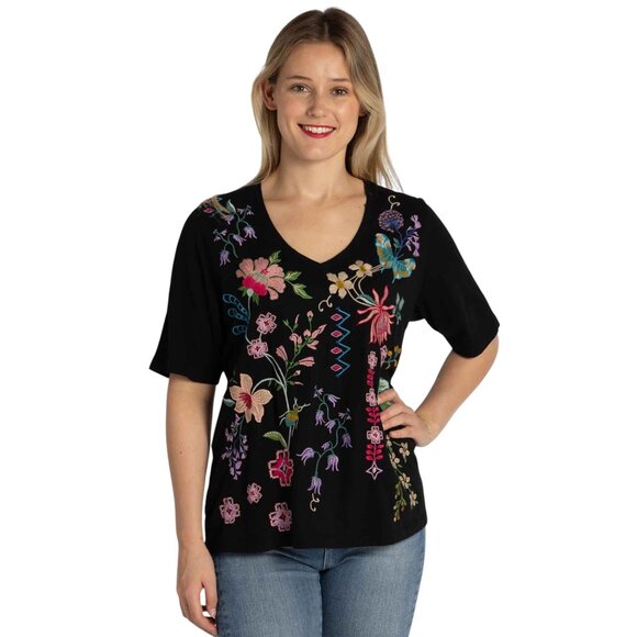 Johnny Was Maureen Trapunto 3/4 Tee Cotton Shirt Floral Embroidery Top Black NEW - Picture 2 of 13